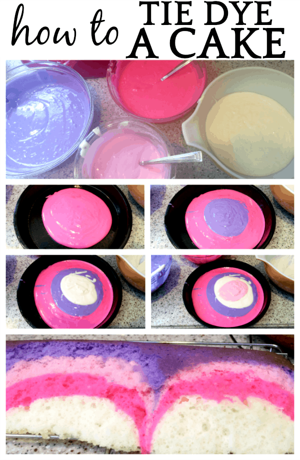 How To Tie Dye Cake different steps of tie dying a cake layering batter over each other