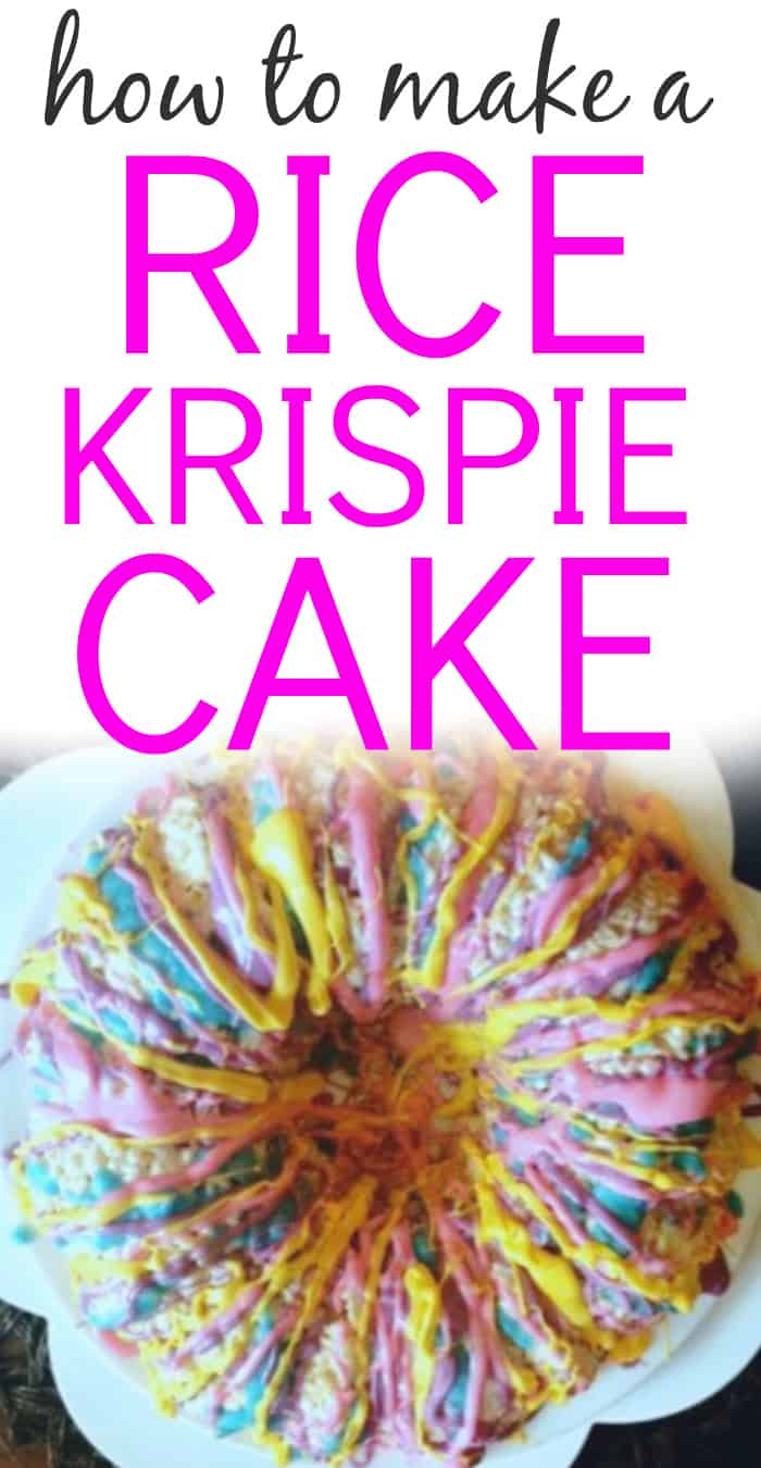 How To Make a Rice Krispie Cake text over a round rice krispies cake drizzled with blue, yellow and pink chocolate decorations