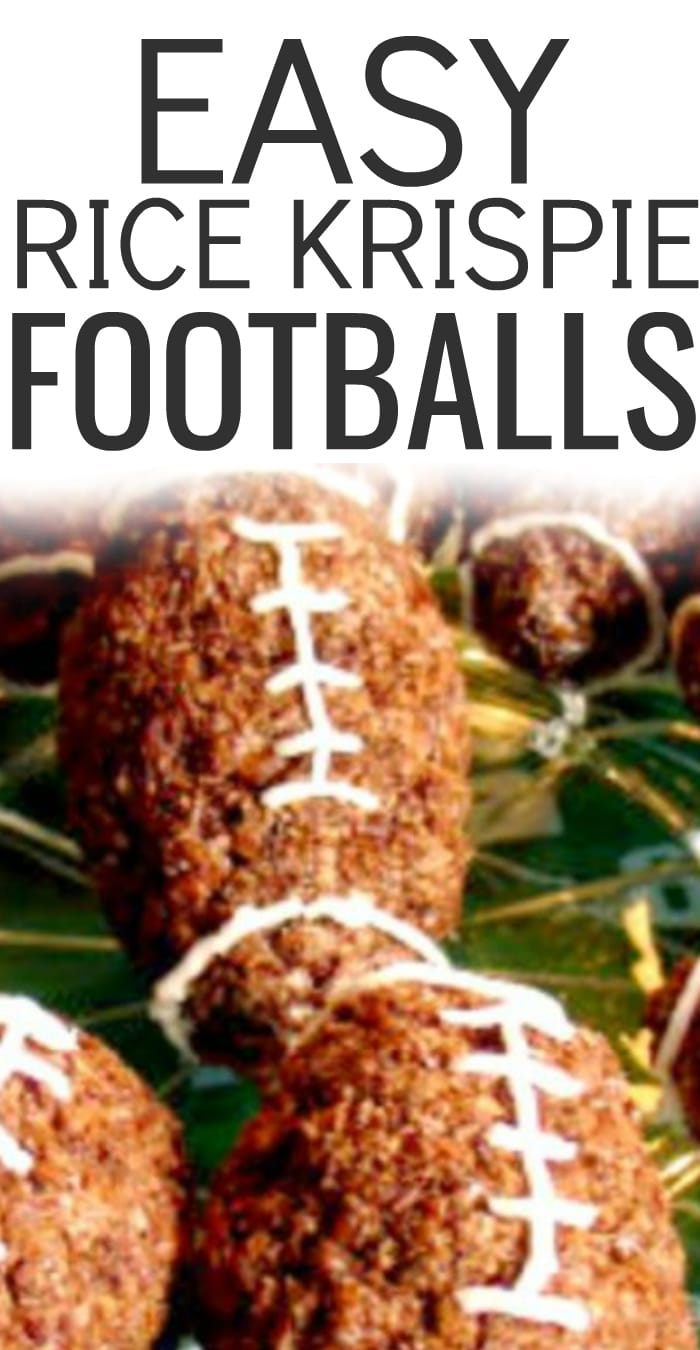 Easy Chocolate Rice Krispie Treats Footballs text over chocolate rice krispy footballs on a plate