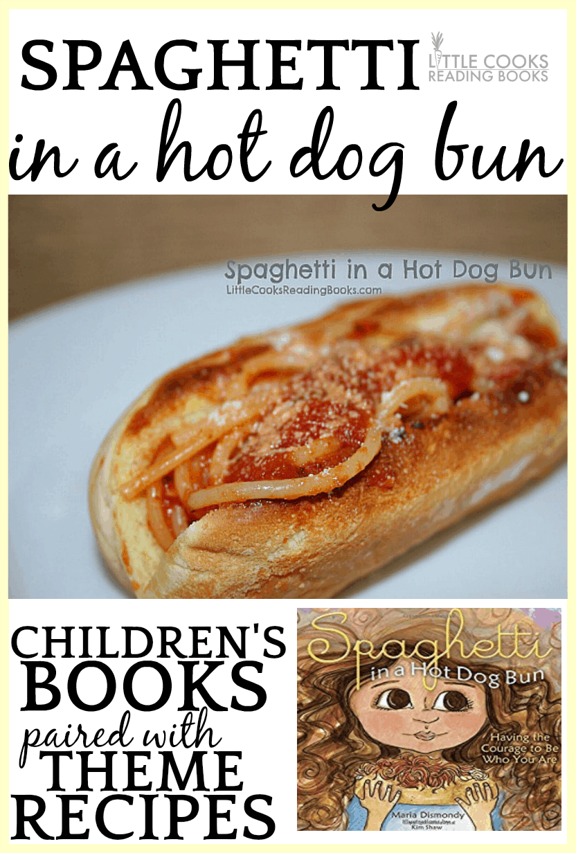 Spaghetti In A Hot Dog Bun on a white plate with the children's book cover of the same name under it with a little girl with wild brown hair
