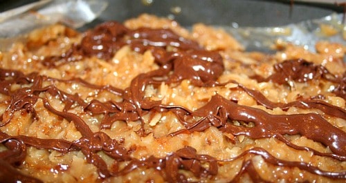 Easy Caramel Brownies (aka: Samoa Brownies) close up in a baking pan