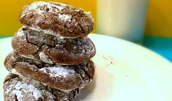 Easy Chocolate Cake Mix Cookies stack of chocolate cookies with a glass of milk in background