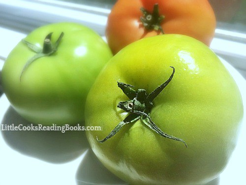 What type of tomato is best for fried green tomatoes? green tomatoes and a red tomato on a counter
