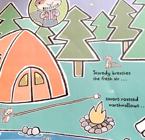 How To Make Smores With Scaredy Squirrel page from the book with cartoon squirrel roasting marshmallows