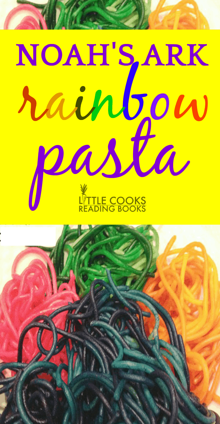 pink blue orange and green Rainbow Pasta on a white background with the words Noah's Ark Rainbow Pasta above it