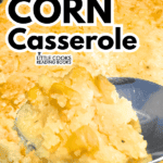 classic crockpot corn pudding casserole in slow cooker with text on top