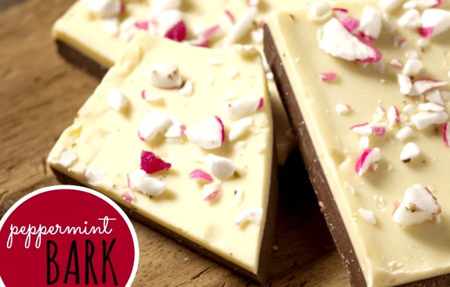 More Simple Christmas Recipes: image of Easy Peppermint Bark Recipe on a wood chopping block