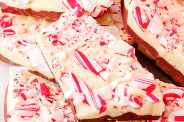 Peppermint bark chocolate recipe pieces on a white plate