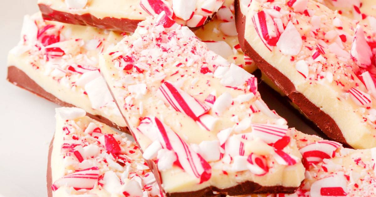 Peppermint bark chocolate recipe pieces on a white plate