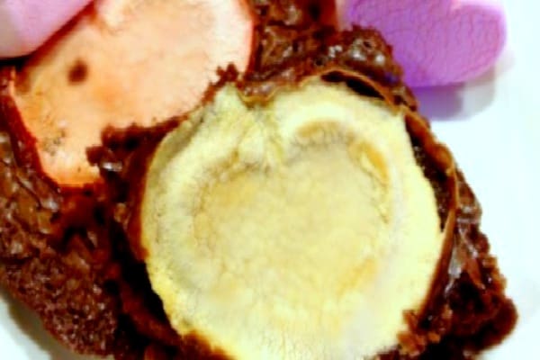 Valentine's Heart Brownies With Marshmallows with yellow and pink heart Marshmallows melted on top