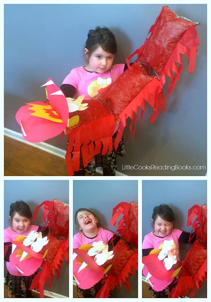 4 picture collage of a little girl holding a DIY chinese dragon craft and laughing with different faces in each picture