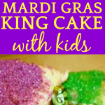 pieces of king cake with purple sugar icing and green sugar icing with a King Cake baby on the plate