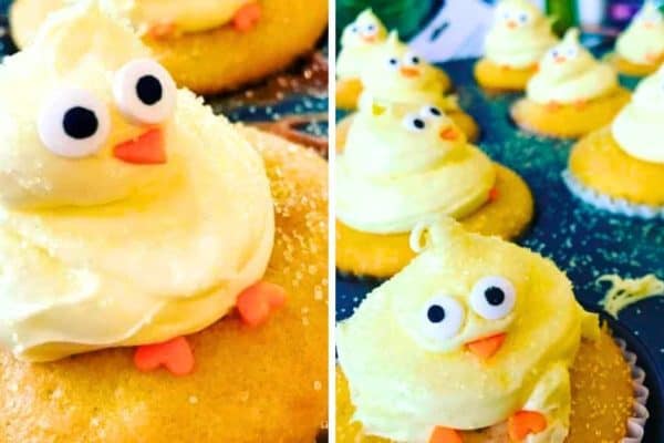 Easy Spring Chick Cupcakes For Easter Or Party Desserts two photos of Easter cupcake yellow chicks