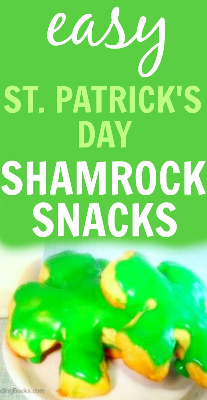 Shamrock St. Patrick's Day Desserts (Shamrock Shaped Treats Cakes) text above two shamrock cakes with green icing on a plate