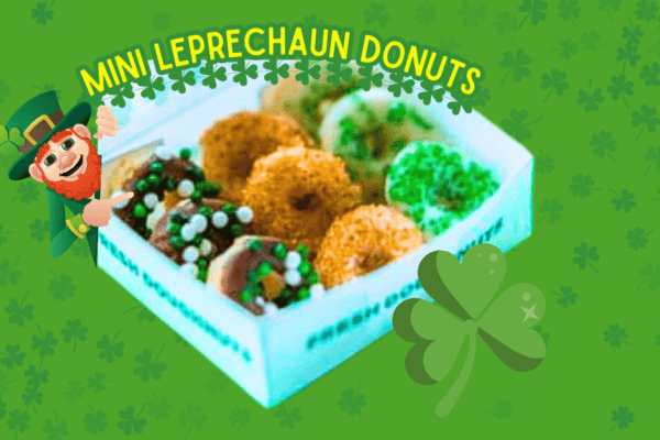 St. Patrick's Day Treats Mini Leprechaun Food - green St. Patrick's Day backgrounds with a box of mini leprechaun donuts