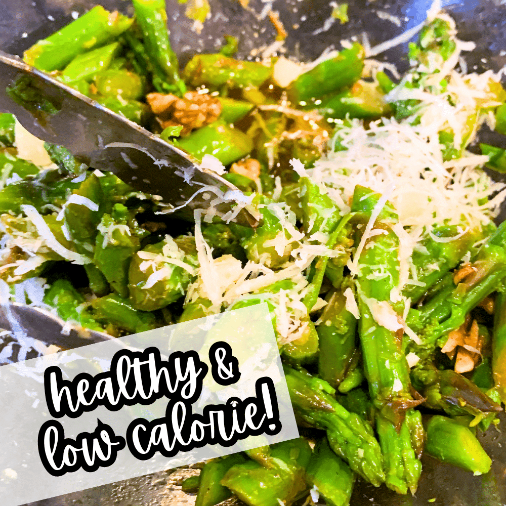 Healthy Low Calorie Side Dishes (Warm Or Cold Asparagus Salad) in a bowl with text over it