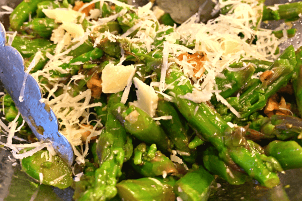 Simple Asparagus Vegetable Salad (quick and easy cold asparagus salad recipe in a bowl with shaved parmesan)