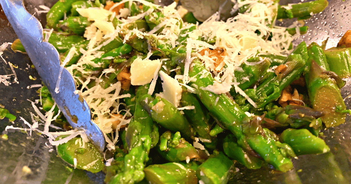 Simple Asparagus Vegetable Salad (quick and easy cold asparagus salad recipe in a bowl with shaved parmesan)