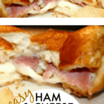 Easy Ham and Cheese Sliders text over a plate with baked ham and cheese sandwiches on a plate with potato chips