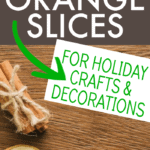 HOW TO DRY ORANGE SLICES text overlay above two dried oranges slices and a bundle of cinnamon sticks on a brown table