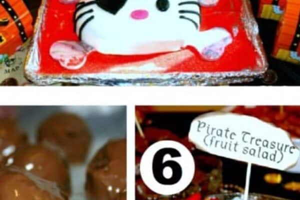Hello Kitty pirate cake, brownie bites, and fruit salad