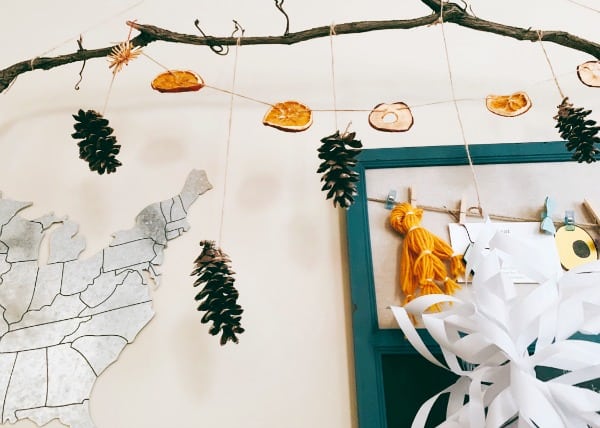 nature garland with dried oranges, dried apples and pinecones on natural twine