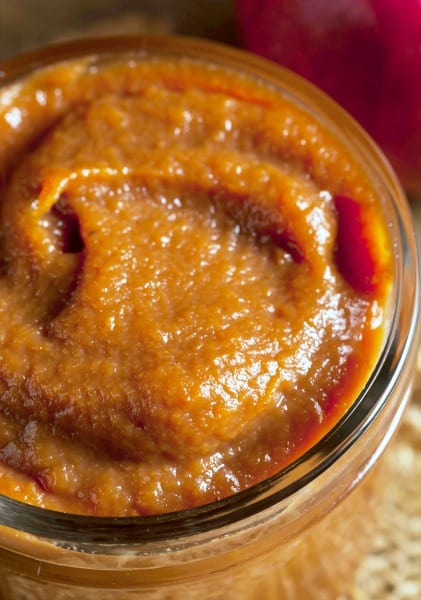 top down view of Recipe For Apple Butter in glass jar