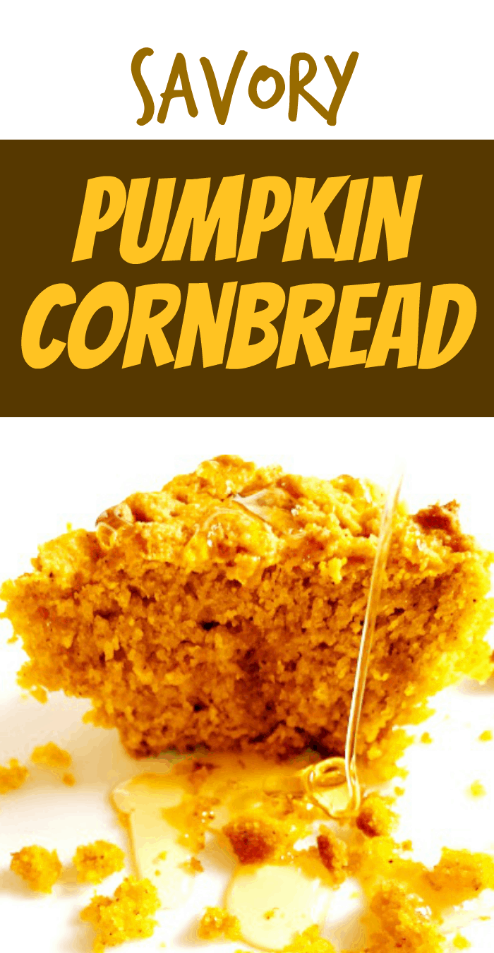 Pumpkin Cornbread text over image of honey drizzled on pumpkin flavored cornbread