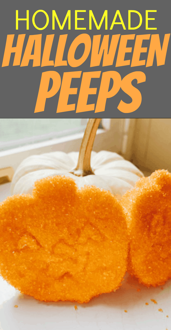 HOMEMADE HALLOWEEN PEEPS PUMPKINS (how to make marshmallow peeps at home) with text over them