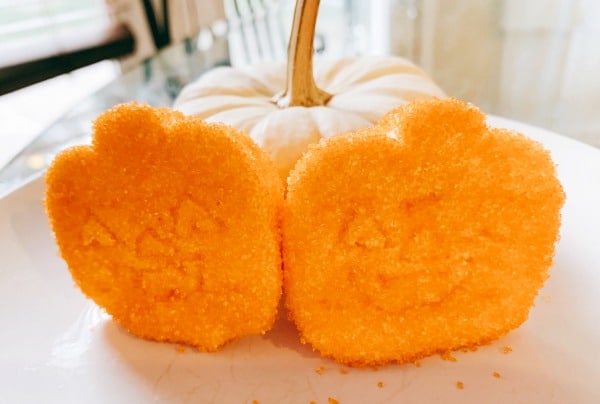 Marshmallow Peeps Recipe orange pumpkin peeps leaning against a small white pumpkin
