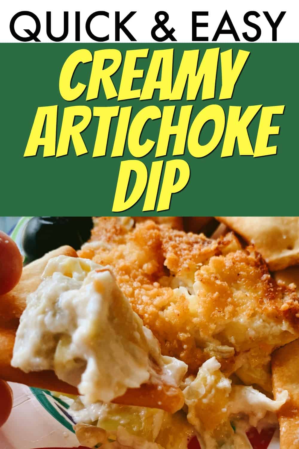 CREAMY EASY ARTICHOKE DIP RECIPE (GREAT LAST MINUTE PARTY DIP) text over image of artichoke dip with crackers on a plate