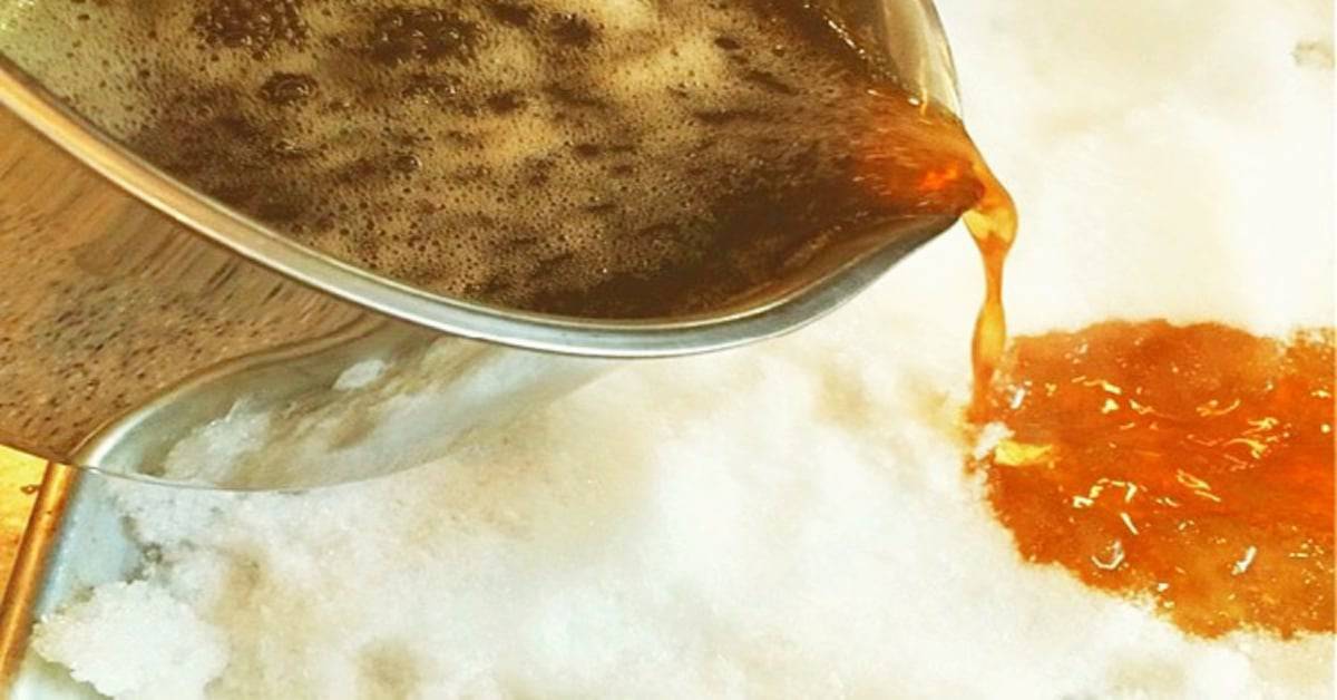 Easy Snow Taffy Recipe hot maple syrup poured onto snow