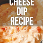 Cheese dip recipe with tortilla chips with text over it