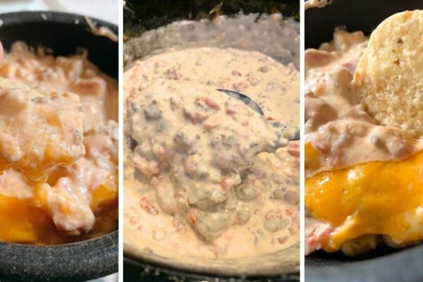 3 images of crockpot queso cheese dip in slow cooker and dipping sausage cheese dip with tortilla chips