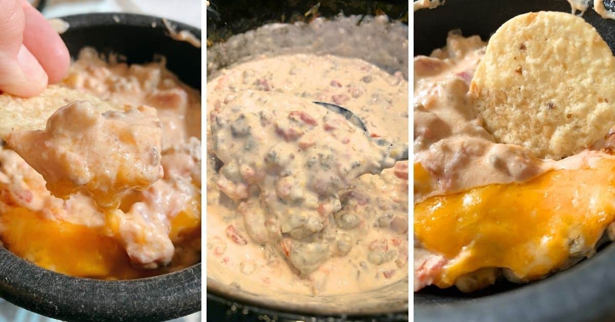 3 images of crockpot queso cheese dip in slow cooker and dipping sausage cheese dip with tortilla chips
