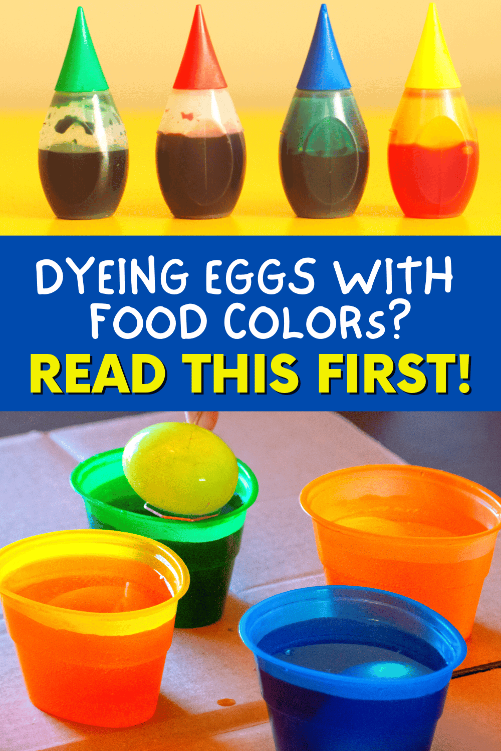 How to dye hard boiled eggs with food coloring (vintage Easter egg dye) text with food coloring and dyed eggs on a table