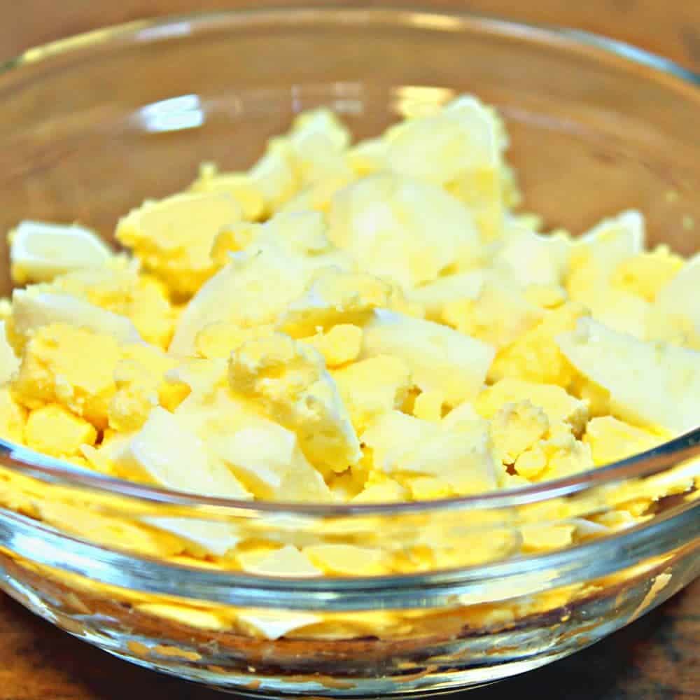 Chopping eggs for egg salad recipe (Great eggs for salad or for egg salad recipe sandwich recipes) - chopped eggs in a bowl for egg salad