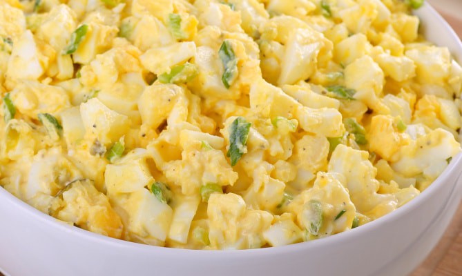 Easy Egg Salad Recipe close up in a white bowl