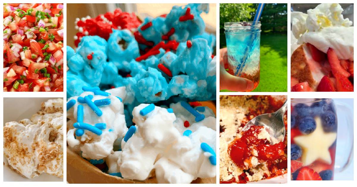 Kids recipes for July 4th and July 4th Food Ideas different red white blue foods in a collage