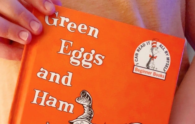 Green Eggs and Ham activities for preschool and kindergarten with orange cover of green eggs and ham Dr Seuss book