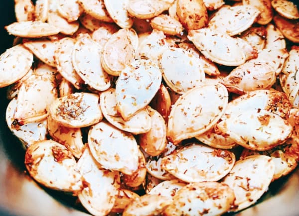 fried dill pickle roasted pumpkin seeds in air fryer