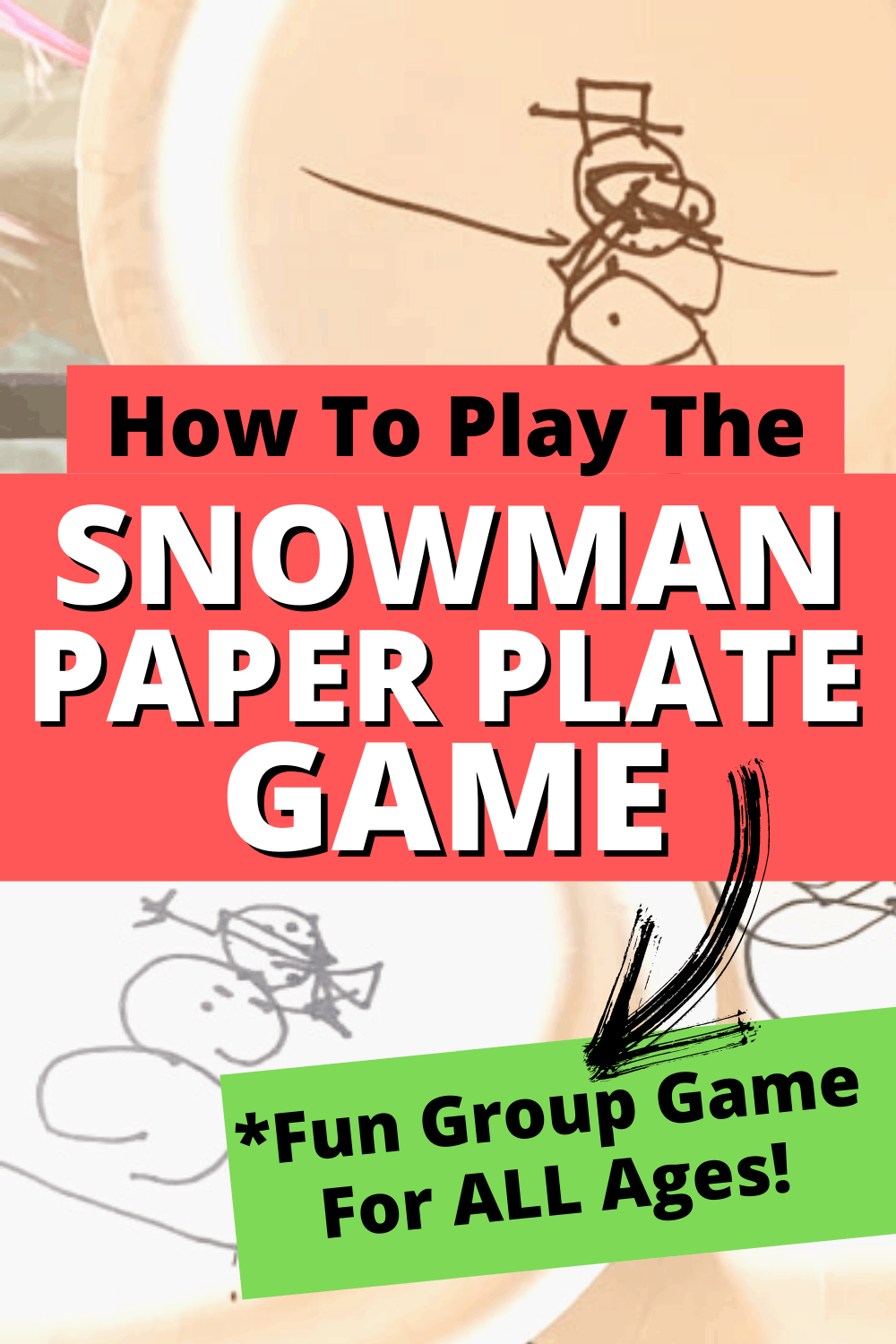 HOW TO PLAY THE PAPER PLATE SNOWMAN DRAWING GAME text over paper plates with funny snowman drawings