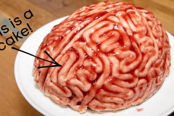 gross Halloween food recipes brain cake on a white plate