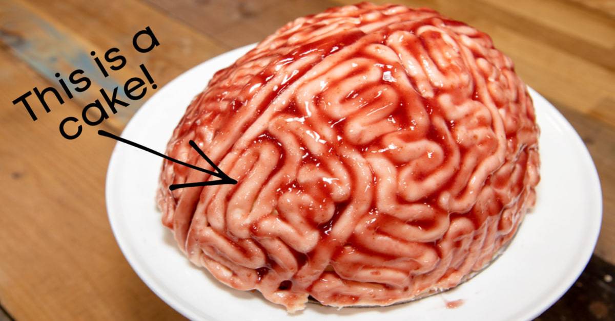 gross Halloween food recipes brain cake on a white plate