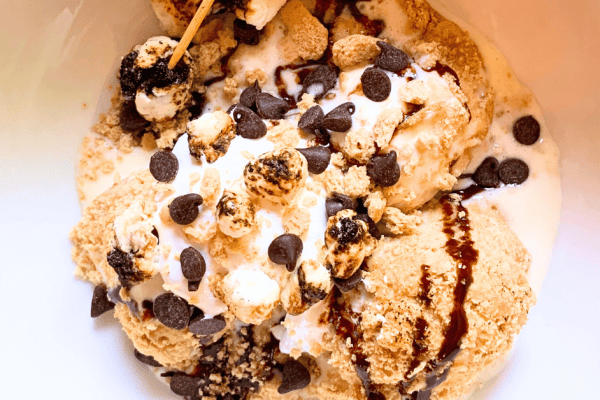 Homemade s'mores ice cream air fried ice cream in a bowl view from top down