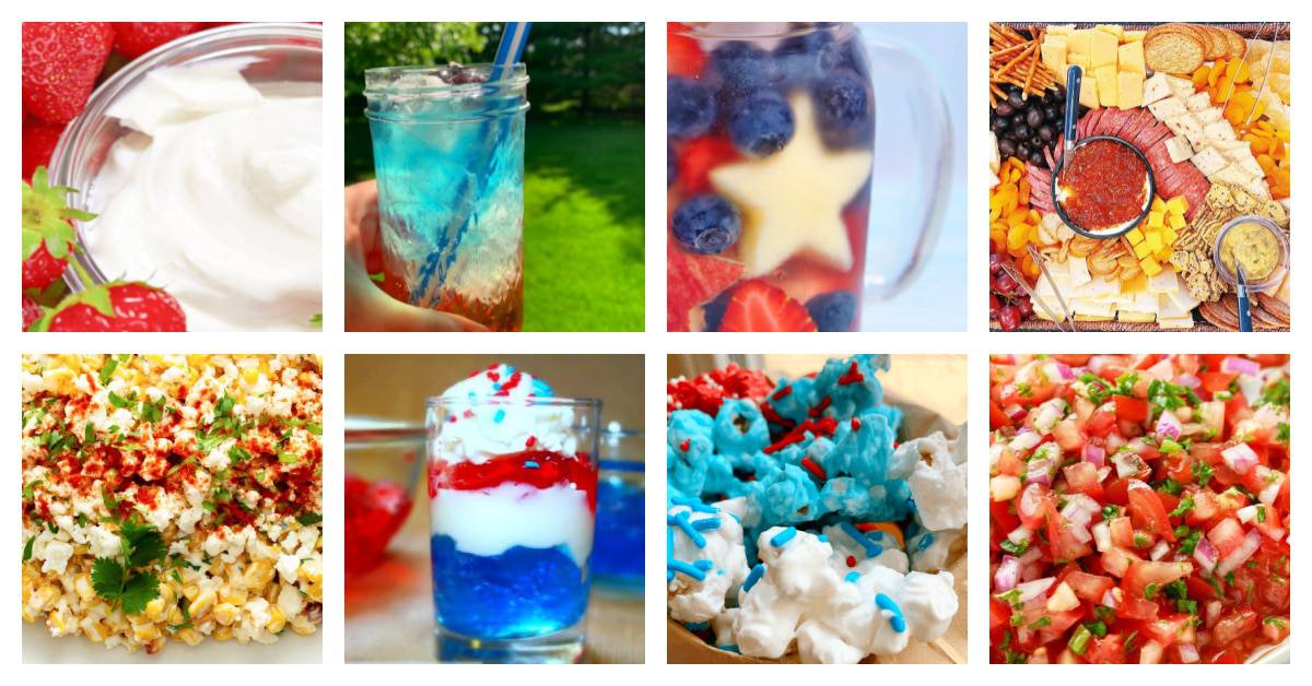 Olympic party food recipes with a collage of different red white blue Olympic themed party food and red white blue drinks