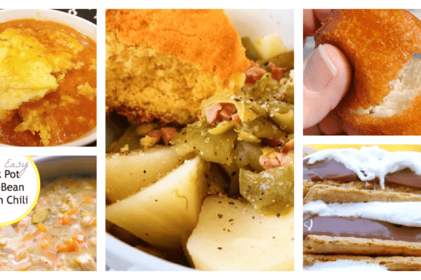 Best Meals For A Cold Day collage with crockpot soups, green beans and potatoes, smores, and fried biscuits