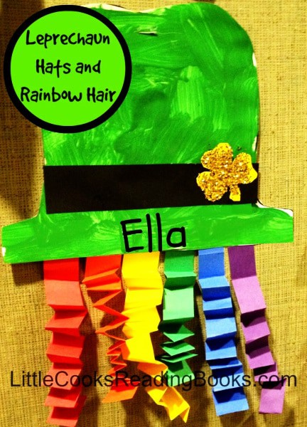 St Patricks Day Paper Craft Leprechaun Hat on a bulletin board with text over it