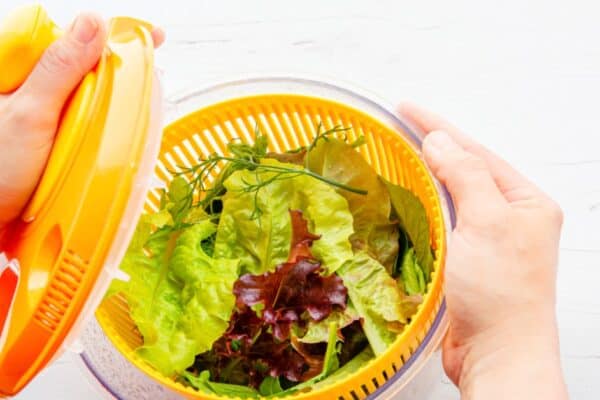Are Salad Spinners Worth The Money top down view of lettuce leaves in an orange salad spinner
