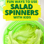 SURPRISING SALAD SPINNER USES AND BEST SALAD SPINNERS FOR HOME text on top of salad spinner with green lettuce sitting on table